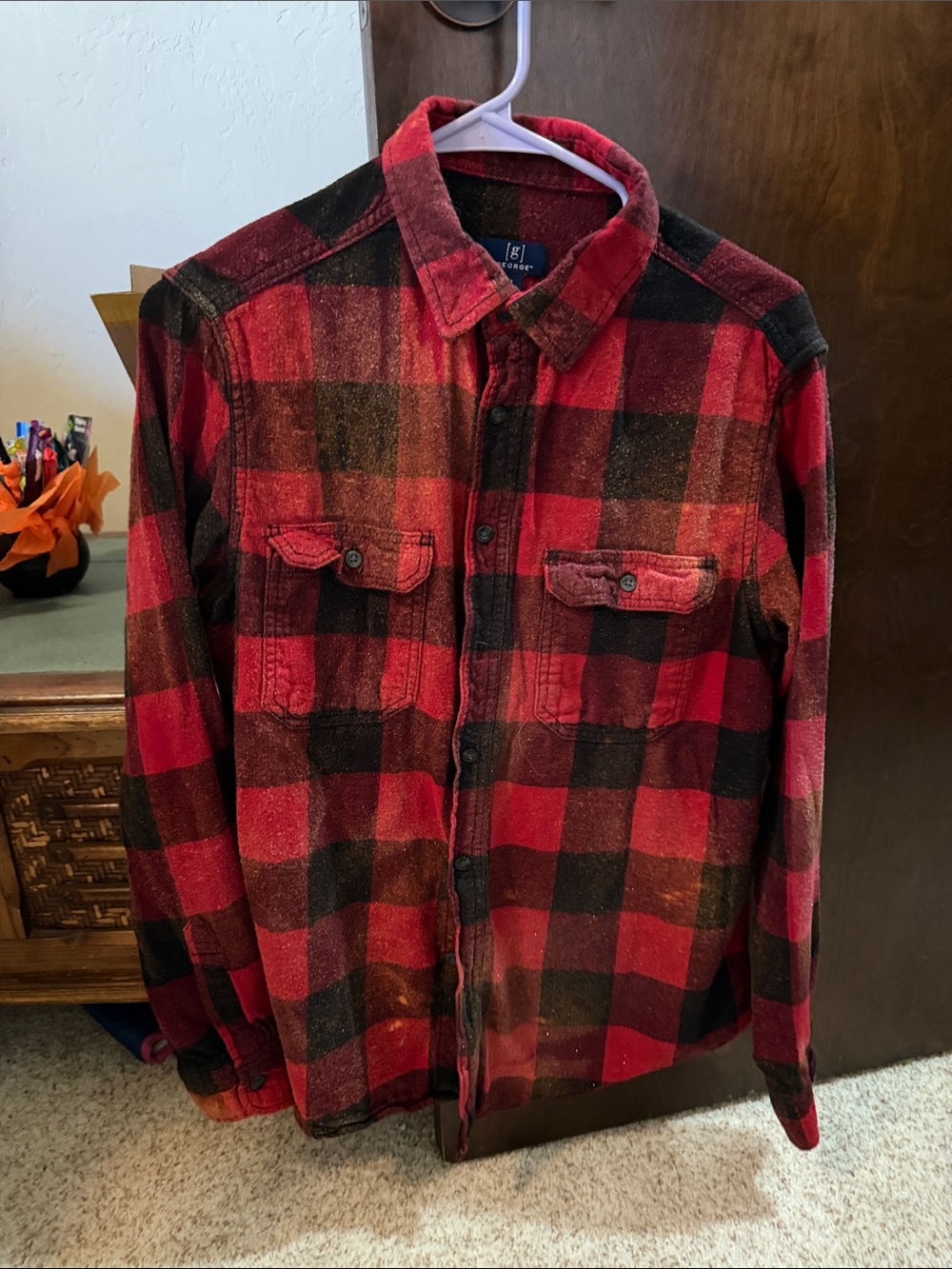 George Red and Black Buffalo Plaid Button-Down Flannel with Back iron on - Picture 2 of 3